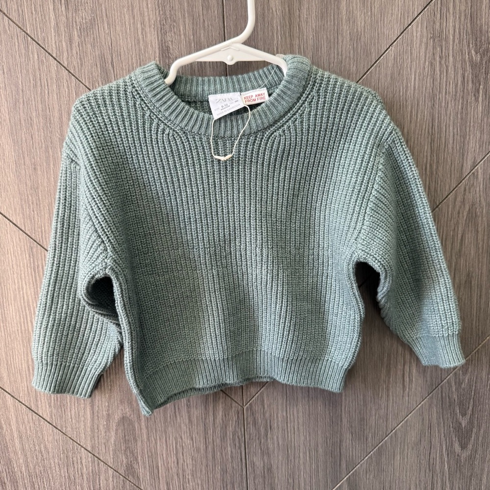 Zara Baby Green Cable Knit Crewneck Sweater